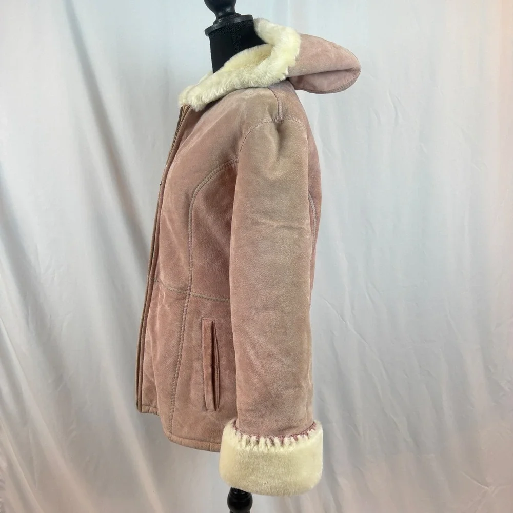 Wilsons Leather Pink Suede‎ Hooded Jacket Faux Fur Shearling Lined Dusty Rose